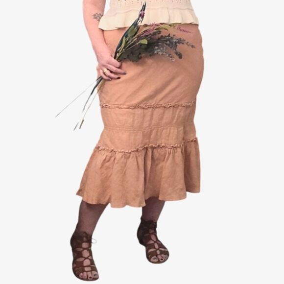 VTG Odille Anthropologie Beige Pull On 100% Linen Midi Skirt Size Medium - Picture 3 of 16